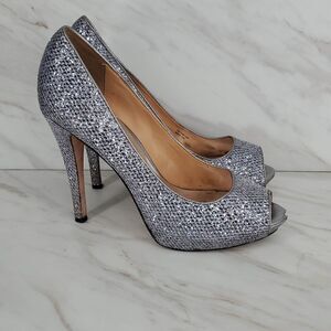 Badgley Mischka‎ Women's Silver Humbie II Smoke Glitter Peep Toe Heels Size 10